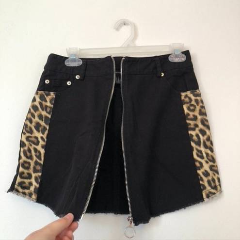 Forever 21  Leopard Panel Denim Skirt Black Tan Cheetah Animal High Waisted Mini