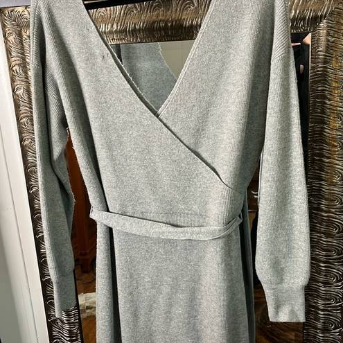 Chelsea 28 Sweater Dress Grey Knit Wrap Top Vneck Belted Side Slit Size Large