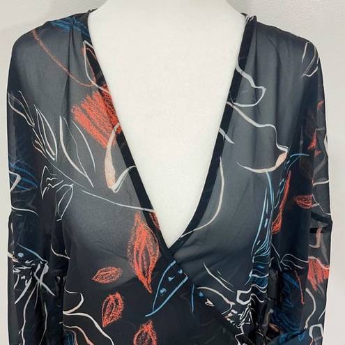 Stylestalker Floral Print Sheer Chiffon Bell Sleeve Wrap Blouse Navy Size Small