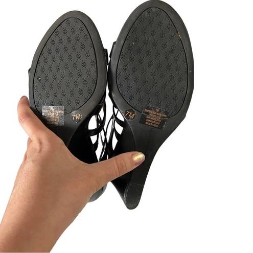 Antonio Melani  Adair Lace Up Black Leather Wedges Sandal Size 7