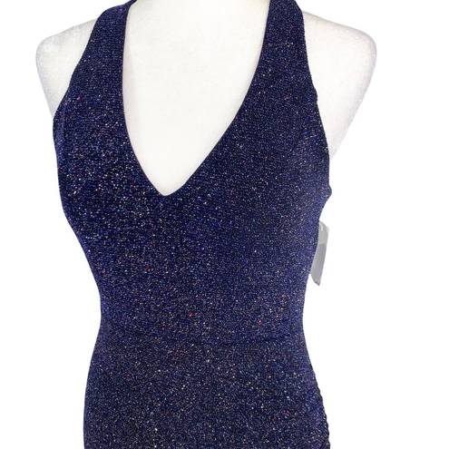 Midnight Doll  V-Neck Strappy Back Glitter Ruched Bodycon Dress Navy 3 Junior NWT