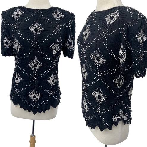 Scala Vintage  Pure Silk Beaded Pearl Top Short Sleeve Black White Womens size XL