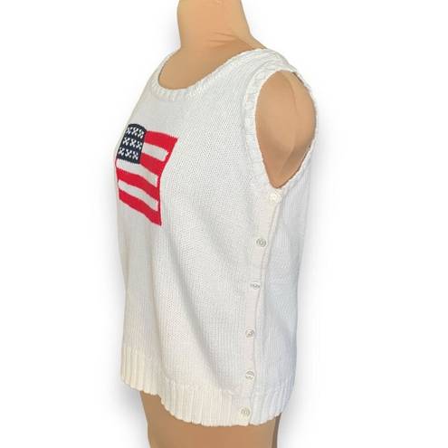 Vintage Village Sport Knit Sweater Vest White Red American Flag Side Button Size L