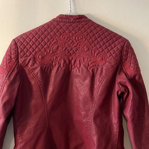 Pleather Red Embroidered Jacket