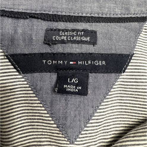 Tommy Hilfiger  Women's Large Button Down Shirt w/Adjustable Sleeves Gray Stripe
