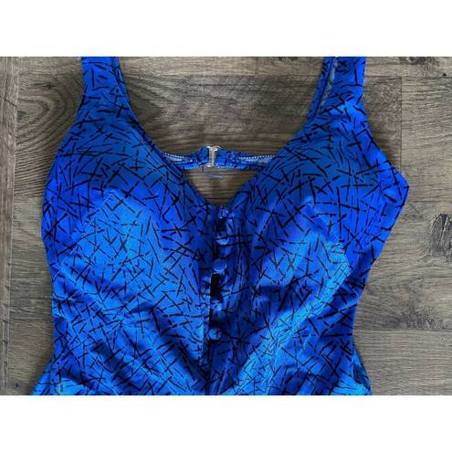 Maxine of Hollywood Vintage  Blue Geometric Print One Piece Swimsuit Women's 14