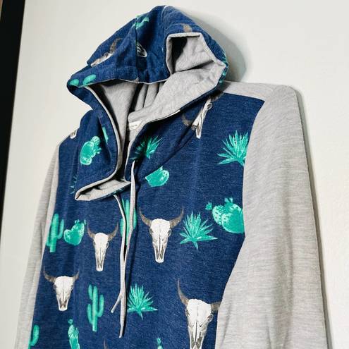 12PM by Mon Ami Cowboy Cactus Cow Skull Gray Blue Long Sleeve Pullover Hoodie size Medium