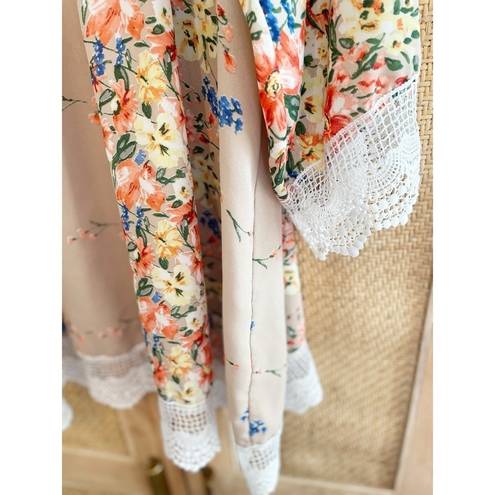 Saved by the Dress Floral Kimono Robe Duster Taupe Tan Size Large Cover Up Boutique