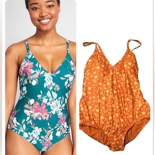 Modcloth  THE PEGGY ONE PIECE CORAL TANGERINE ORANGE YELLOW PRINT SWIMSUIT S