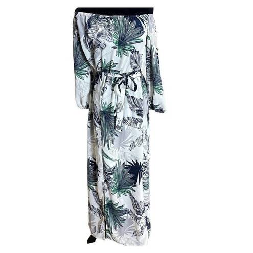 Sans Souci NWT Tropical Palm Print Off Shoulder Tie Maxi Dress 3/4 Sleeve L White F0100