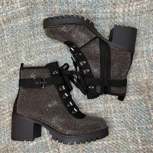 Wild Pair Hillari 2 Buckle Ankle Strap Metallic Rhinestone Studded Heeled Boots