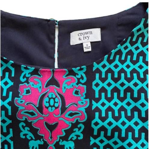 Crown & Ivy  Dress Shift 3/4 Sleeve Geo Elephant Print Navy Turquoise Pink Size 8