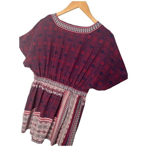 Garnet Hill  100% Slik Boho V Neck Dolman Short Sleeves Tunic Red Blue 8