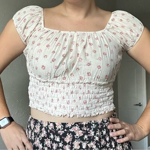 Star City  Vintage Cream Floral Off the Shoulder Puff Sleeve Crop Top Large Boho