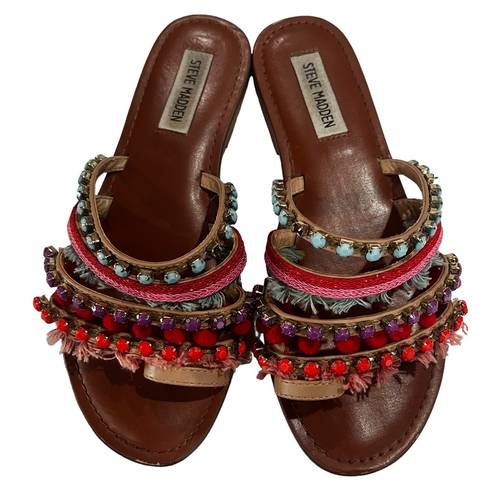 Steve Madden  Gypsy T-bar Embellished Leather Flat Slip On Sandals Size 8M