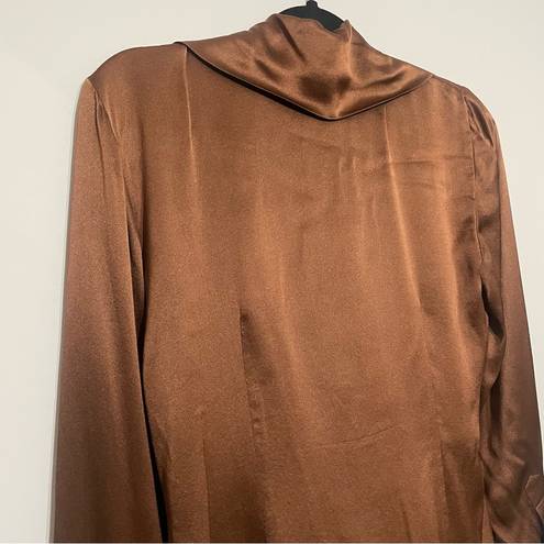 DKNY  100% Silk Dark Brown Collar Button Front Long Sleeve Blouse Top Size 6