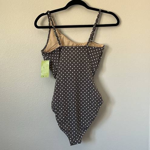 Garnet Hill NWT  Asymmetric One Shoulder Ruffle Polka Dot Grey Swimsuit Ruching 8