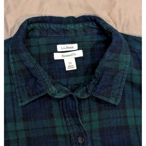 L.L.Bean  Button Up Flannel Shirt Size 1X Cotton Blue Green Plaid Relaxed Fit