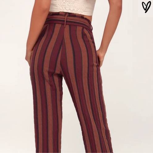 Lulus NWT  Renfroe Burgundy Striped Pants Paper Bag Wide Leg Raw Hem Belted XS