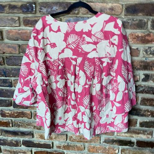 Basic Editions  Pink Beige 2-Button Hawaiian Tropical Linen Top Women's Size 2X