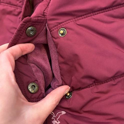 American Eagle  AEO magenta pink zip quilted puffer vest faux fur lined hood med