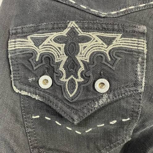 Antik Denim Y2K  Black Embroidered Distressed Stretch Bootcut Western Jeans 28