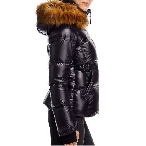 AQUA NWT  Faux Fur Trim Gloss Puffer Jacket in Jet Black Size M New w/Tag $238