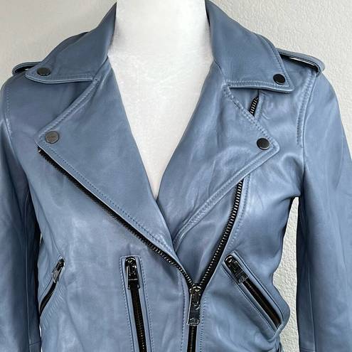 All Saints Balfern Flint Blue Belted Crop Leather Moto Jacket Size 4