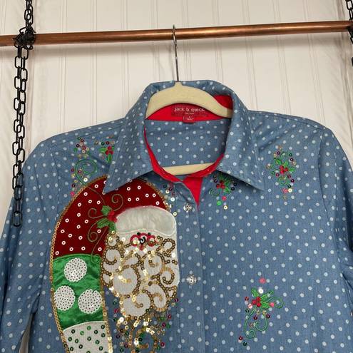 JACK  b. quick Women’s Blue Polka Dot Sequined Holiday Button Blouse Size S