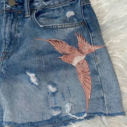 ALLSAINTS  Pam Birds Embroidered Denim Shorts in Indigo Blue