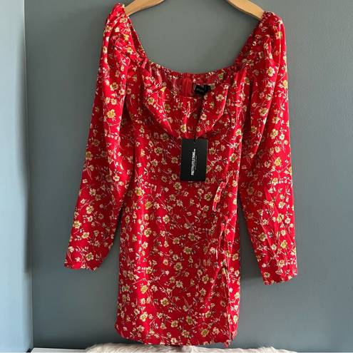 Pretty Little Thing  Red Ditsy Floral Bow Mini Dress