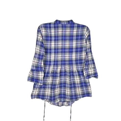 Miley Cyrus Blue, Black, Red, White Plaid Button Adj Sleeve Shirt w Tie In Back Women L