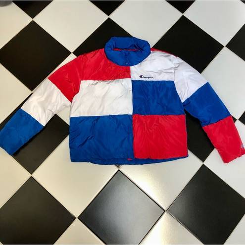 Champion NWOT  Colorblock Surf The Web Puffer Coat Puffy Jacket Red White Blue XL