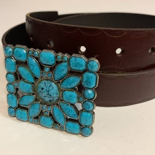 BROWN LEATHER BELT with TURQUOISE BUCKLE