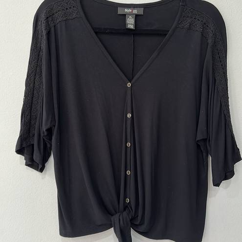 Style & Co  Short Sleeve Black Button Down Front Tie Top Sz PL