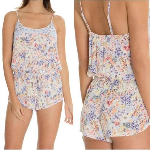 In Bloom by jonquil Pajama Romper Light Blue Lace Tie Floral Spaghetti Strap Med