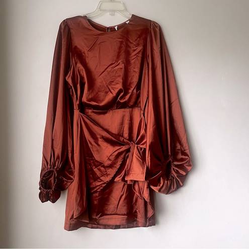 Petal and Pup  Opal Rust Satin Long Balloon Sleeve Wrap Mini Dress 8