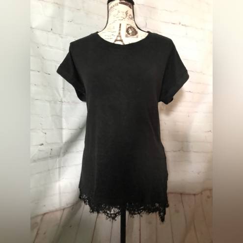 Bobeau Soft and Cozy Black  Top - High Low with Lace Trim,  Cuffed Short Sleeves