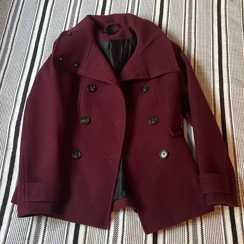 H&M Maroon Red Wool Blend Classic Pea Coat Mid Length Fitted Jacket size 4