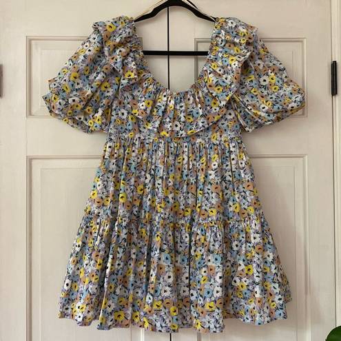 Agua Bendita Agua by  Flor La Fania Lila Size XS Floral Mini Dress Puff Sleeve