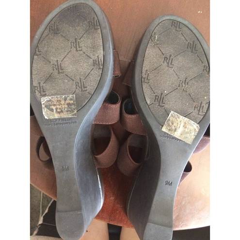 Ralph Lauren Lauren  Sandals Wedge Shoes 9 M Brown  Slip On Peep Toes Platform