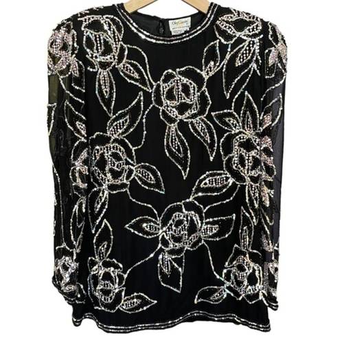 Oleg Cassini Vintage Beaded Embellished Black Silk Floral Top Formalwear Blouse