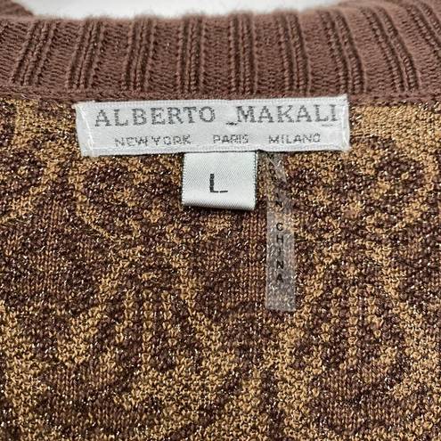 Alberto Makali  Cardigan Sweater Button Front V Neck Patterned Brown Metallic L