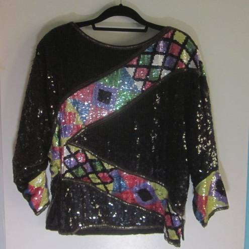 Scala  Vintage Sequin Top Womens Size L Long Dolman Sleeve Blouse Silk Colorful