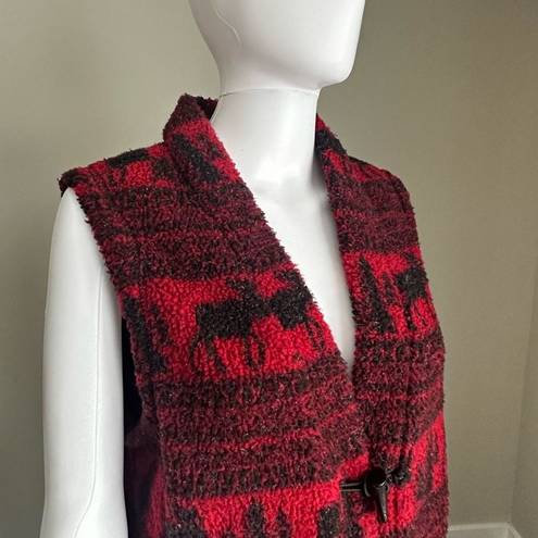 Woolrich Vintage  Red + Black Winter Print Fleece Vest Toggle Closure