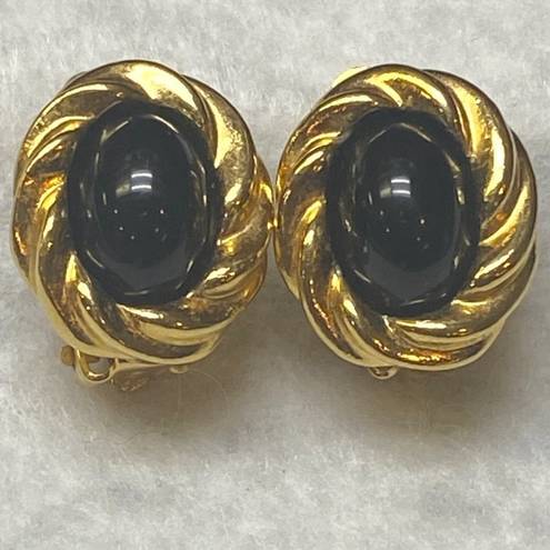 Edge KJL for Avon Vintage Earrings Clip on Gold Tone Black Cabochon Twisted 