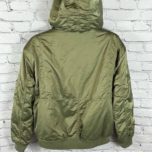 American Eagle AEO Flight Bomber Jacket Sherpa-Lined Hooded Satin Green L