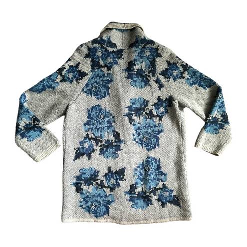 J.Jill  Cardigan Womens Large Gray Blue Floral Wool Blend Long Tunic Sweater