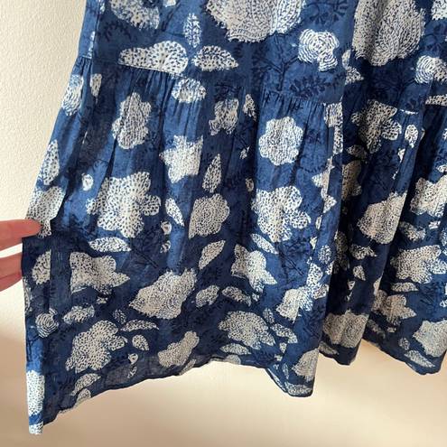 Rahi Pierre Floral Tiered High Rise Pleated Boho Cotton Maxi Skirt Blue Size L