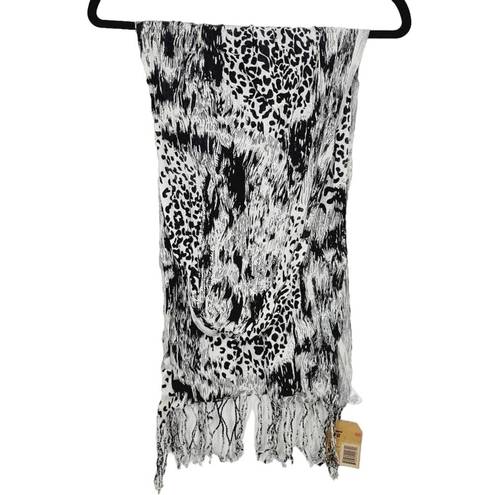 Route 66  Womens One Size Black White Leopard Animal Print Bohemian Fringe Scarf